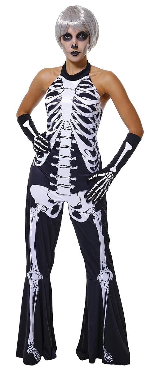 Disfraz Esqueleto para mujer, Jumpsuit con pantalones de campana y guantes, Oficial Halloween, Carnaval, Fiestas y Cosplay, Talla única
