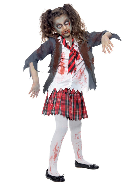 Smiffys Disfraz de colegiala zombi, Gris, con falda, chaqueta, falsa camisa y corbata