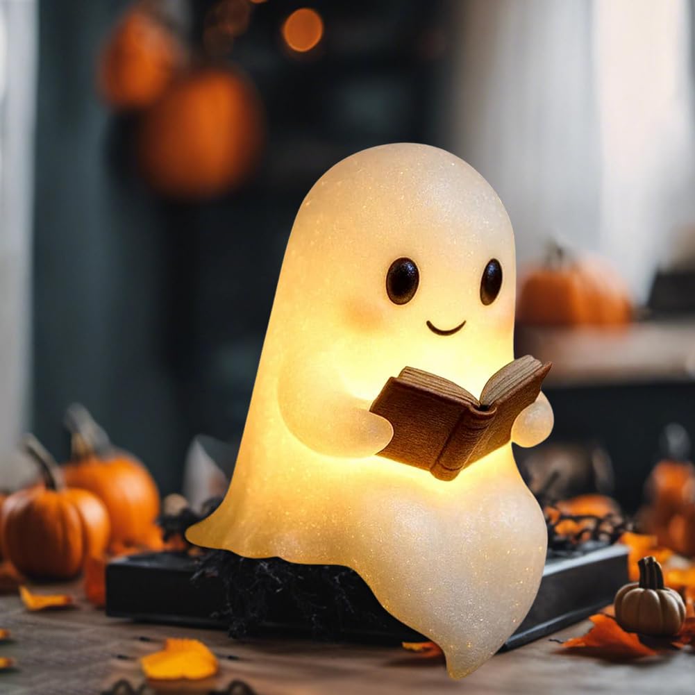Lámpara de libro de lectura fantasma hecha a mano, luz nocturna de Halloween suave y brillante, decoración LED fantasma portátil para dormitorios, salas de estudio y lectores, bonito regalo de luz de