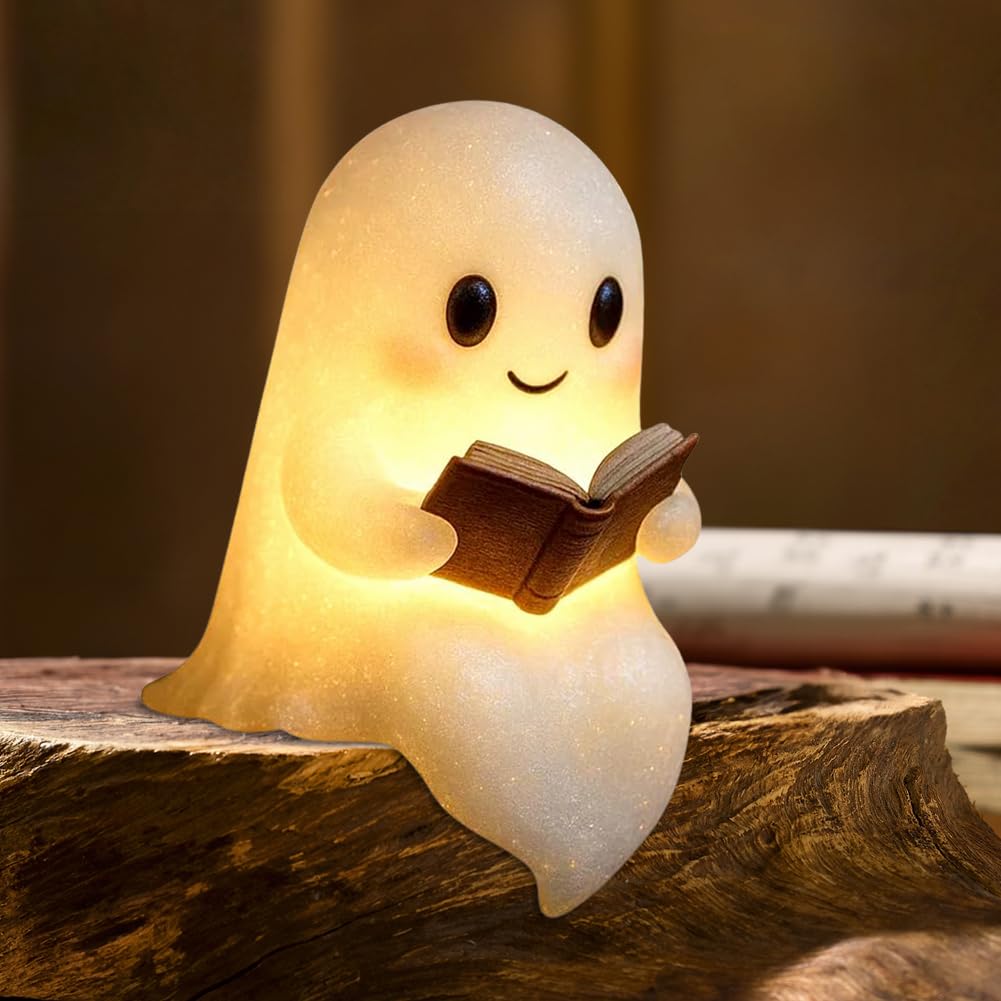 Lámpara de libro de lectura fantasma hecha a mano, luz nocturna de Halloween suave y brillante, decoración LED fantasma portátil para dormitorios, salas de estudio y lectores, bonito regalo de luz de