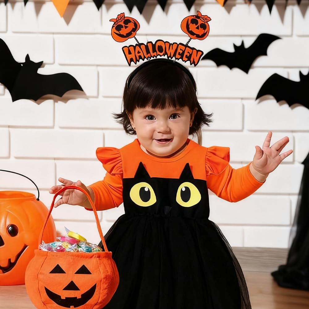 Disfraz de Calabaza para Niños, Disfraz de Halloween Niña con Bolsa de Calabaza, Disfraz de Calabaza para Bebe con calabaza Tocado, Vestido de calabaza para Halloween Carnaval Cosplay (S:18-24 meses)