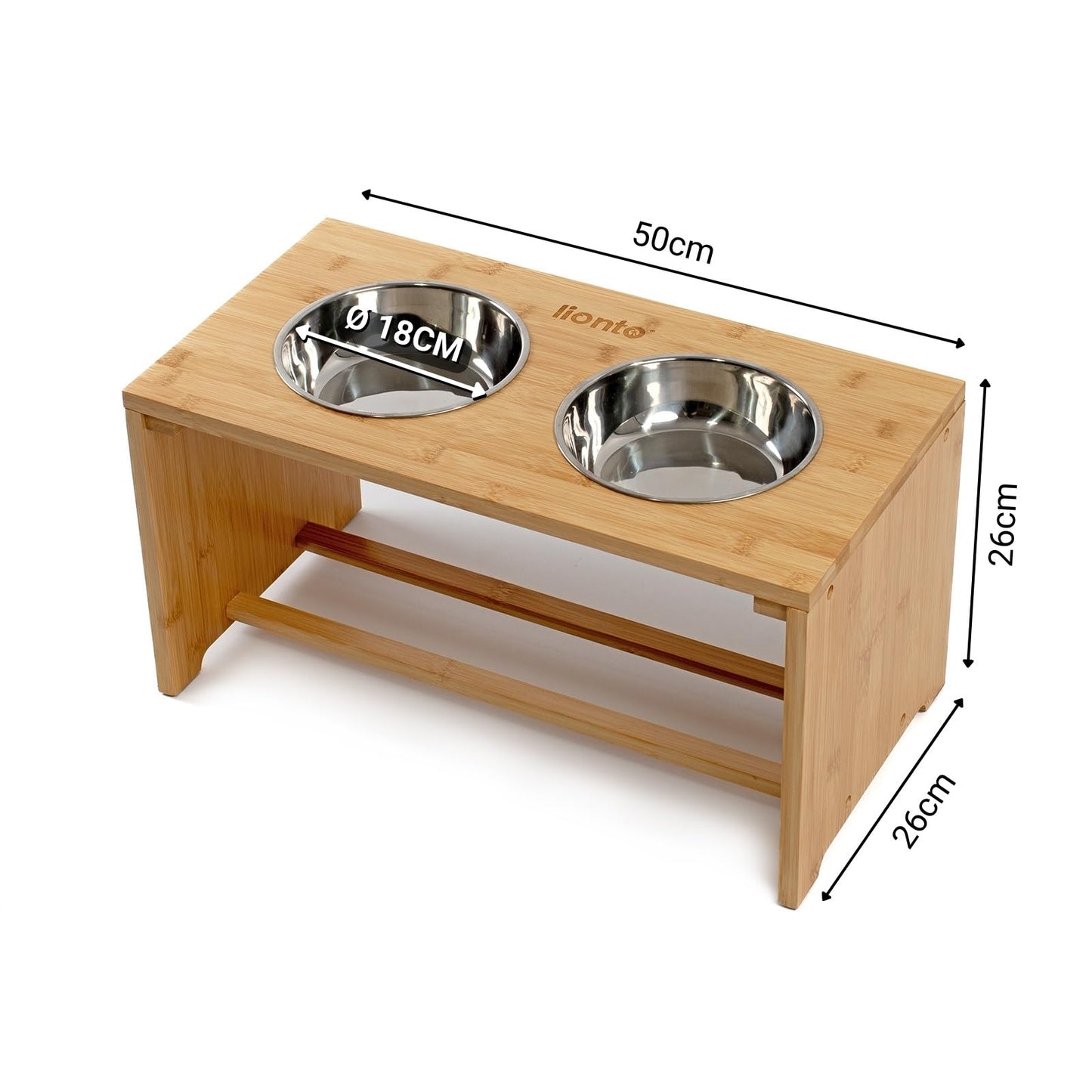 lionto Comedero para Perros Elevado comedero para Perros Barra de Comida de bambú para Mascotas 2 Cuencos de Acero Inoxidable Antideslizante, (L) 50x26x26 cm