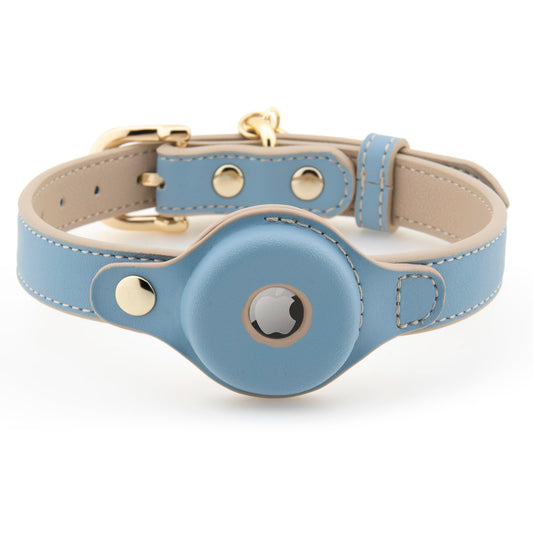 Nina Woof Cupertino Airtag - Collar de Perro de Cuero Vegano Genuino con Material Acolchado Duradero y Suave para Perros pequeños, Color Azul (S (Cuello: 12 x 15 Pulgadas)