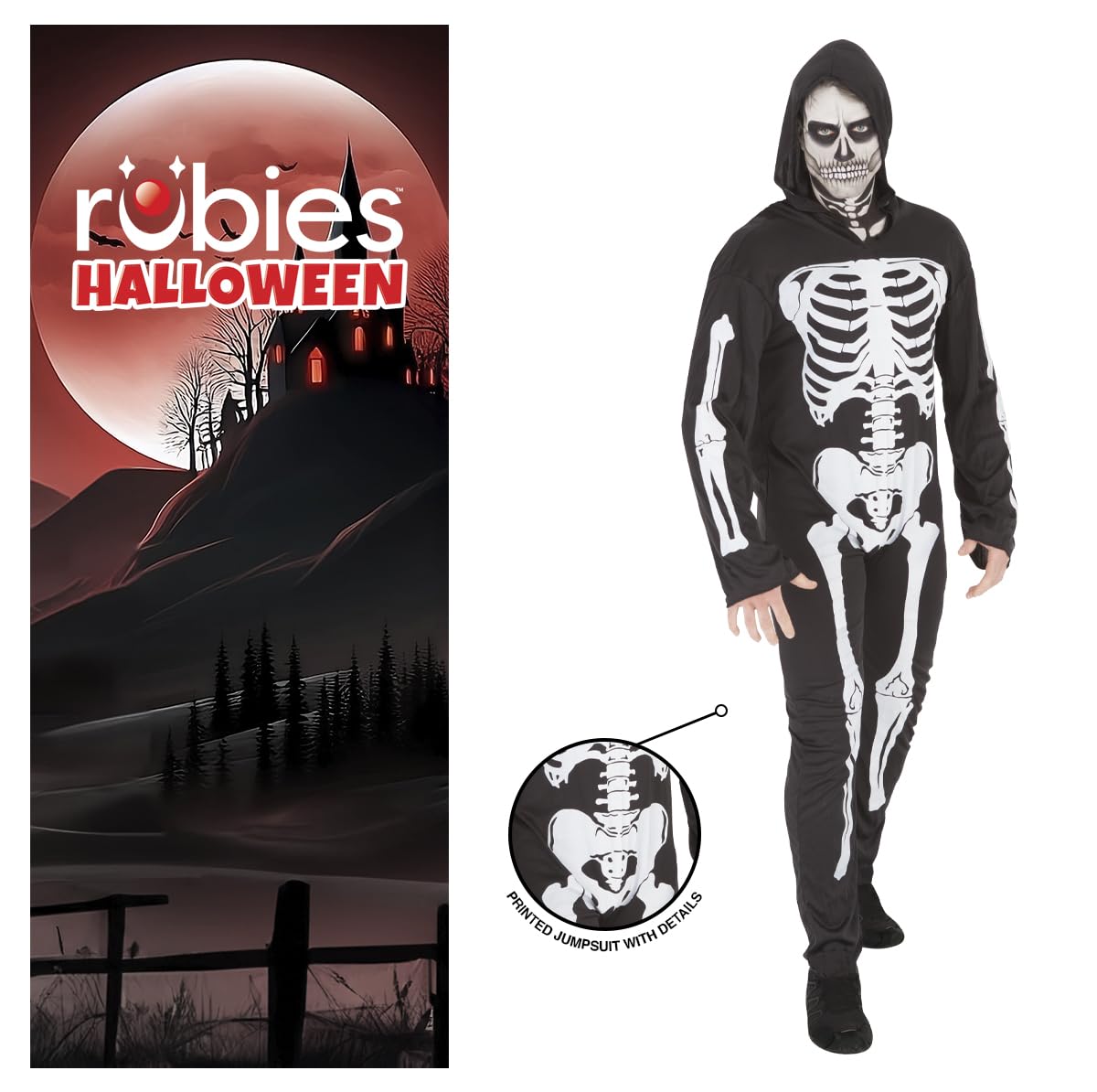 Disfraz Esqueleto para Adulto, Jumpsuit Impreso con Capucha, Oficial Rubies para Halloween, Carnaval, Fiestas, Cumpleaños