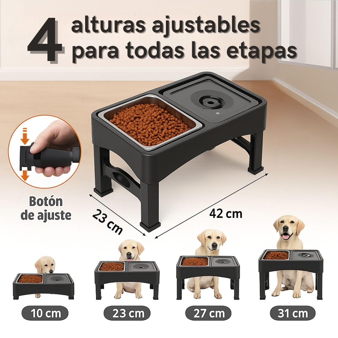 NOOGUI - Comedero Perro Elevado - Altura Ajustable 10-31 cm - Cuenco Antivoracidad, Acero Inoxidable y Bebedero Antisalpicaduras - Antideslizante, Plegable y Facíl de Limpiar