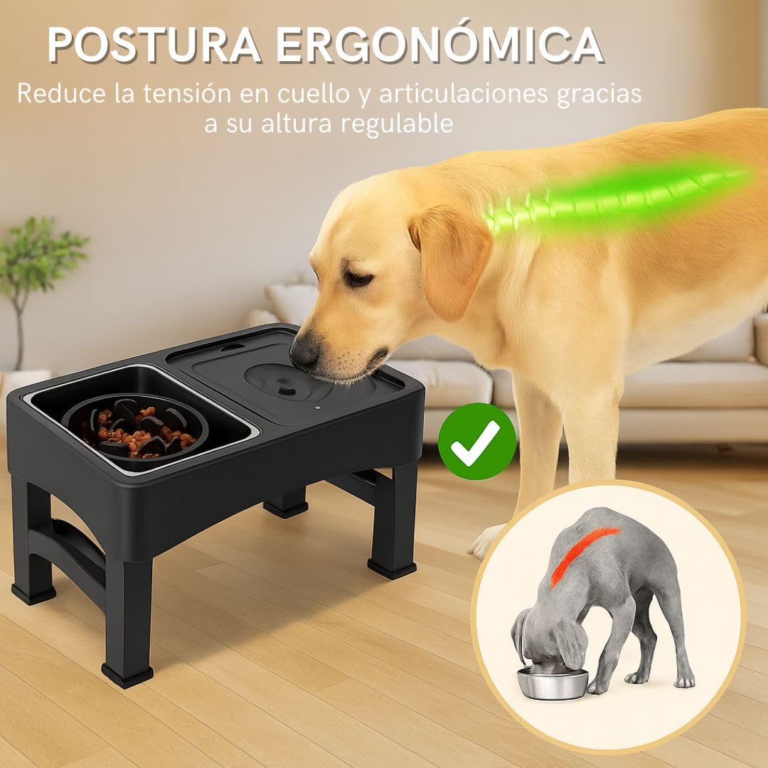 NOOGUI - Comedero Perro Elevado - Altura Ajustable 10-31 cm - Cuenco Antivoracidad, Acero Inoxidable y Bebedero Antisalpicaduras - Antideslizante, Plegable y Facíl de Limpiar