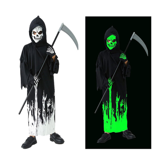 AEYAKA Disfraz Infantil Grim Reaper que Brilla en la Oscuridad, Capucha Negra con Máscara de Calavera, Guantes, Guadaña para Niños Niñas, Traje de Fantasma Terrorífico Cosplay Halloween Regalos S