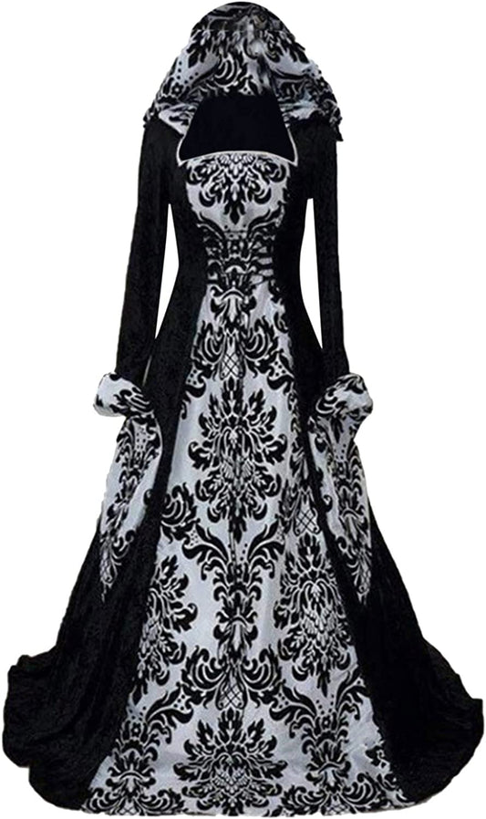 Feynman Ropa gótica para mujer, vestido medieval estilo vintage largo hasta el suelo, vestido de princesa renacentista, cintura sujeta y capucha. Para cosplay, fiesta, Halloween, carnaval