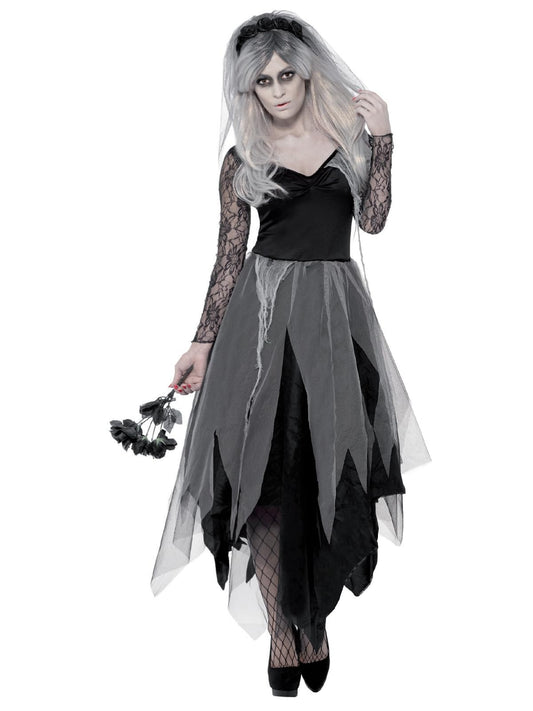 Disfraz de novia de cementerio, con vestido y velo con rosas Halloween