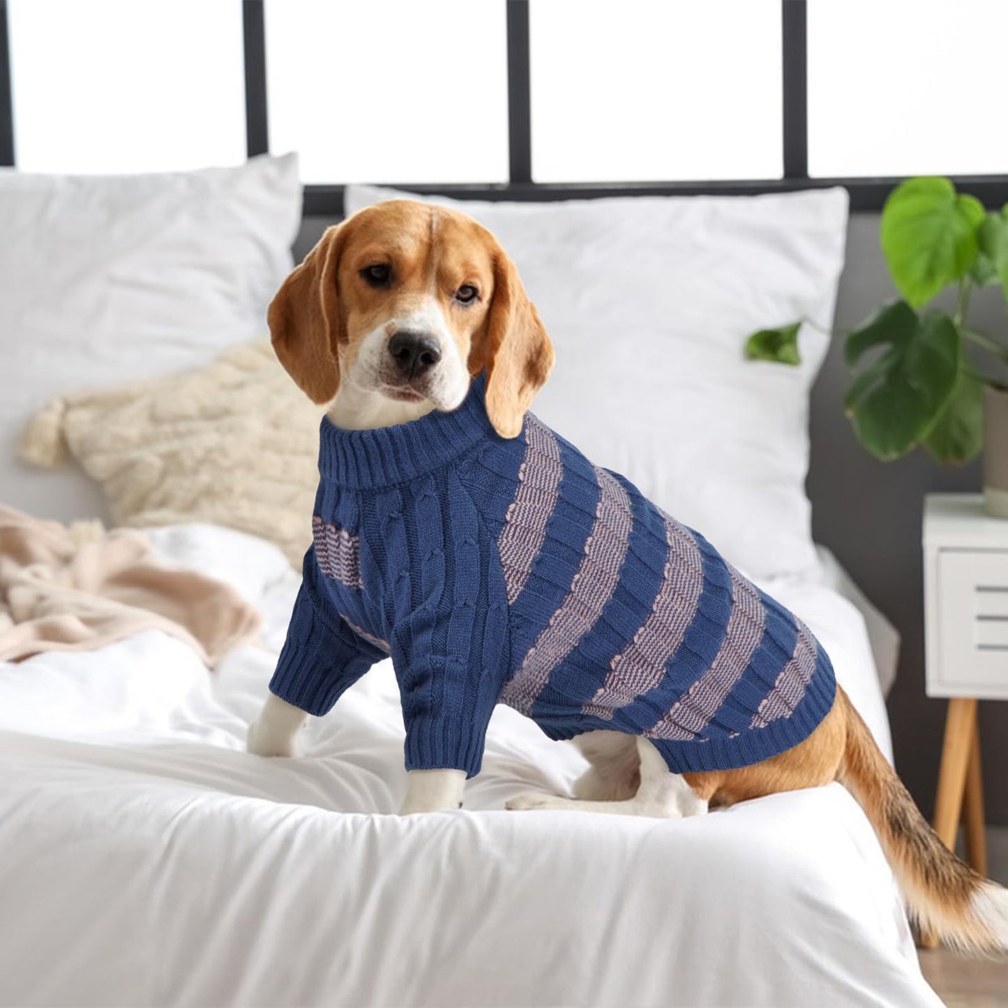 Abrigo Suéter Perro Grande, Cálido y Elástico Sueter Perro Invierno Ropa Labrador, Diseño a Rayas Jersey Punto con Agujero para Correa para Salidas Rápidas, Azul XXL