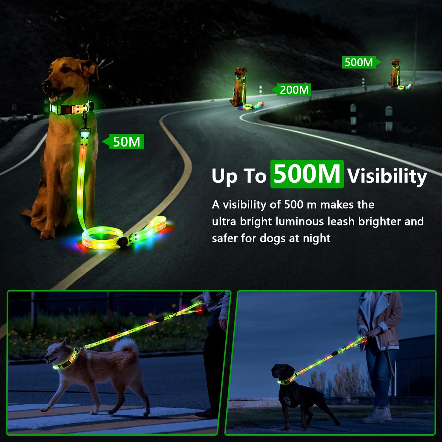 Collar Luminoso Perro de Mascota, Collar Perro Luz Impermeable con 3 Modos de Luz, Correa para Perros 1.2m, Collar Correa Perro LED Recargable por USB Tamaño Ajustable, para Perros Pequeños Medianos