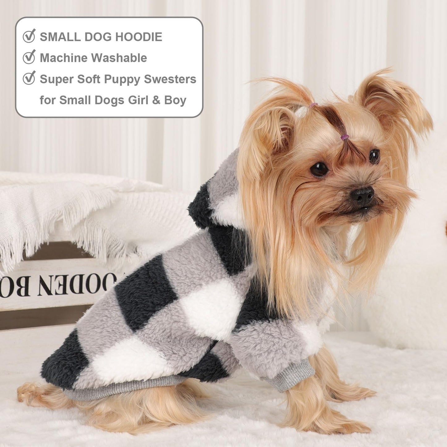Sudadera de Forro Polar con Capucha para Perros pequeños, suéter cálido de Invierno para Cachorros, Ropa para Chihuahua, Yorkie, Taza de té, Ropa para Gatos (Negro a Cuadros, Talla XXS)