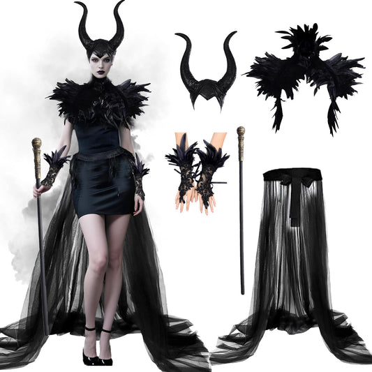 YeahBoom Disfraz Malefica Mujer, Reina Bruja Malvada Vestido Gótico Maléfica para Adulto con Cuernos Negro Plumas Capa y Guantes para Halloween Carnaval Fiesta de Cosplay Costume Medieval