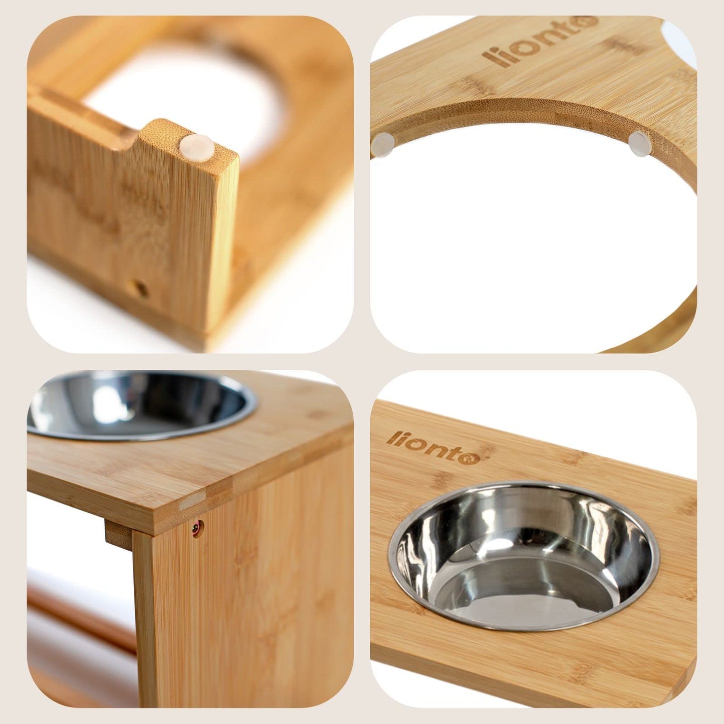 lionto Comedero para Perros Elevado comedero para Perros Barra de Comida de bambú para Mascotas 2 Cuencos de Acero Inoxidable Antideslizante, (L) 50x26x26 cm