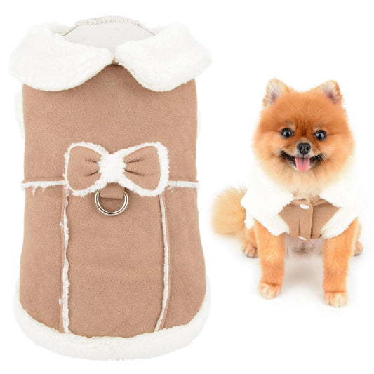 Abrigo de forro polar para perro pequeño, chaqueta con arnés para mascotas con lazo y anillo en D, chaleco suave para otoño e invierno con cuello mullido, ropa de gato chihuahua