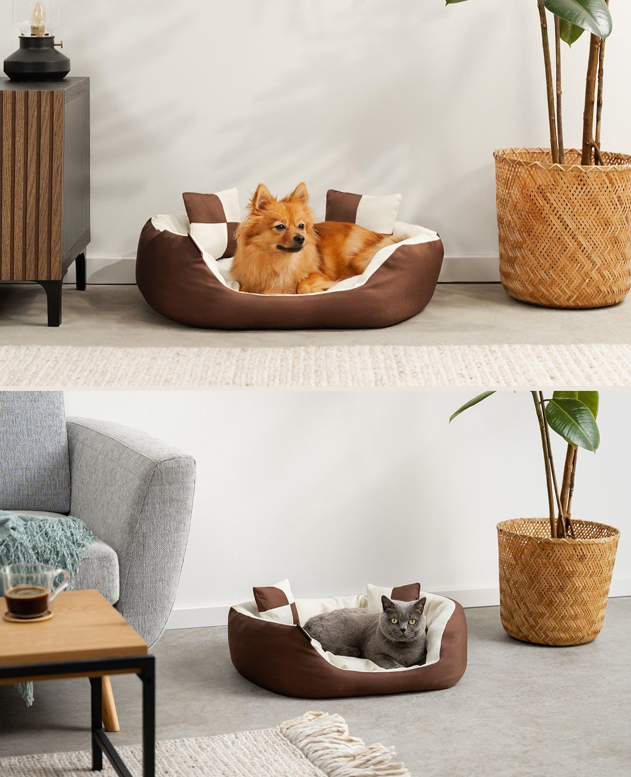 lionto Cama para Perros 4 en 1 cojín para Perros Cesta para Perros con cojín Reversible, (S) 65x50 cm Marrón/Beige