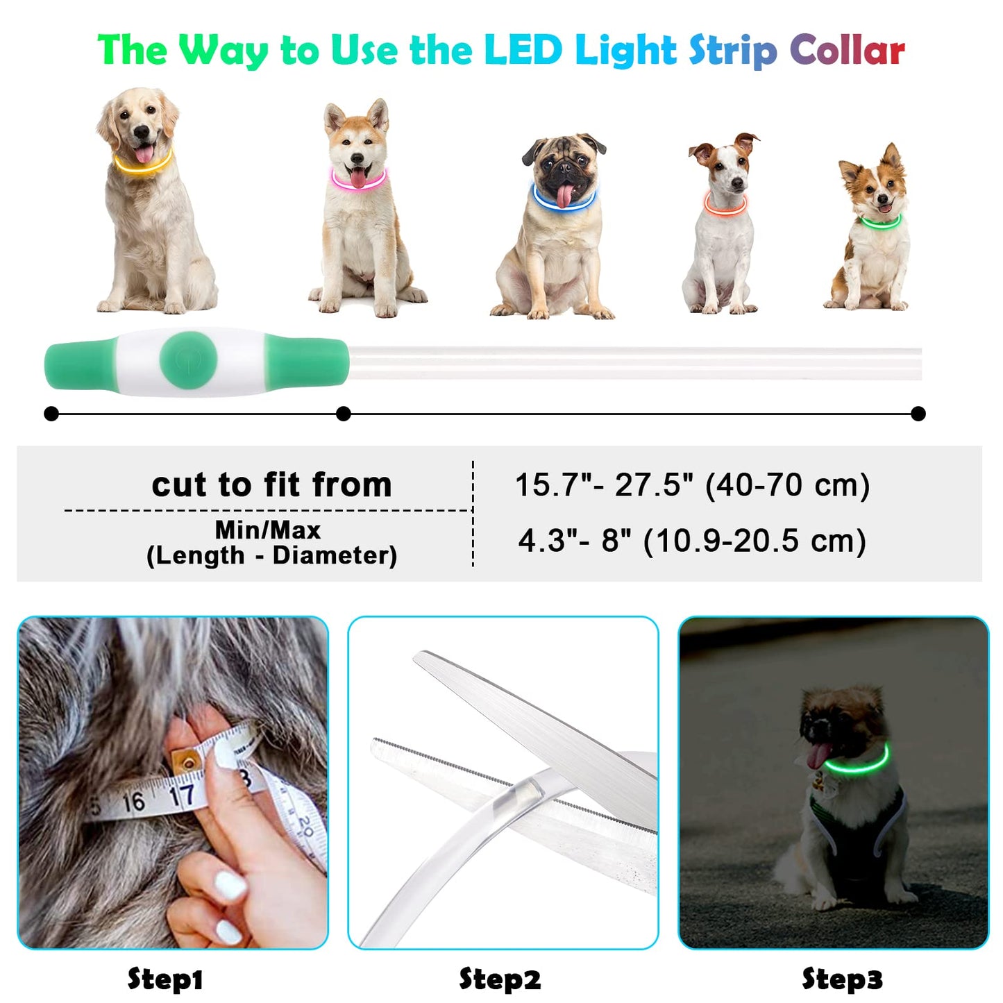 Collar Luminoso Perro, Collar LED Recargable por USB Tamaño Ajustable, Collar Impermeable de Seguridad, Reutilizable para Perros Pequeños Medianos Y Grandes (Verde)