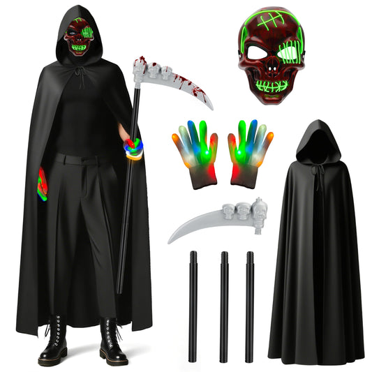 Disfraz Muerte Adulto, Disfraz Grim Reape con máscara de cráneo Guantes luminosos, Capa Negra con Capucha, Halloween Disfraz Hombre para Sensenmann Costume Cosplay Carnaval