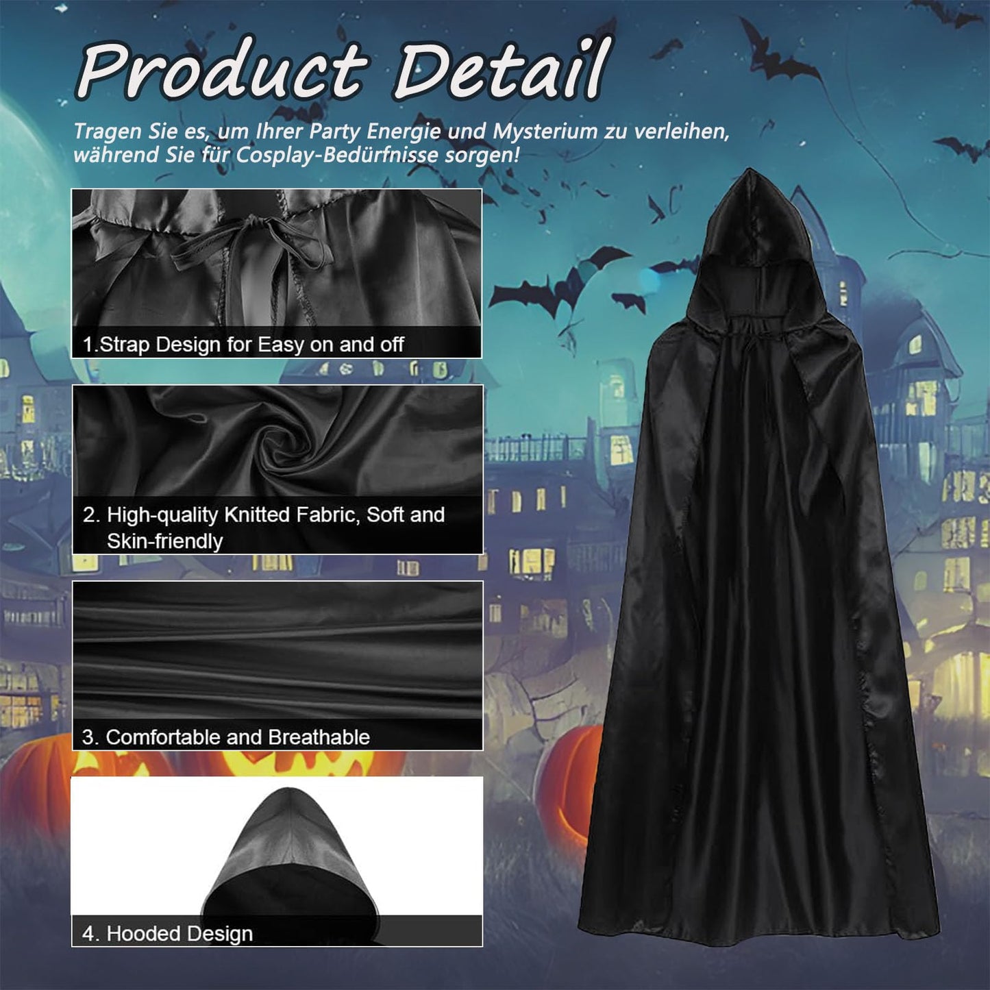 Disfraz Halloween,Largo Capa con Capucha,Capas de Halloween para Adultos/Niños, Capa Disfraz Halloween, para Halloween, Carnaval, Mascarada（150）