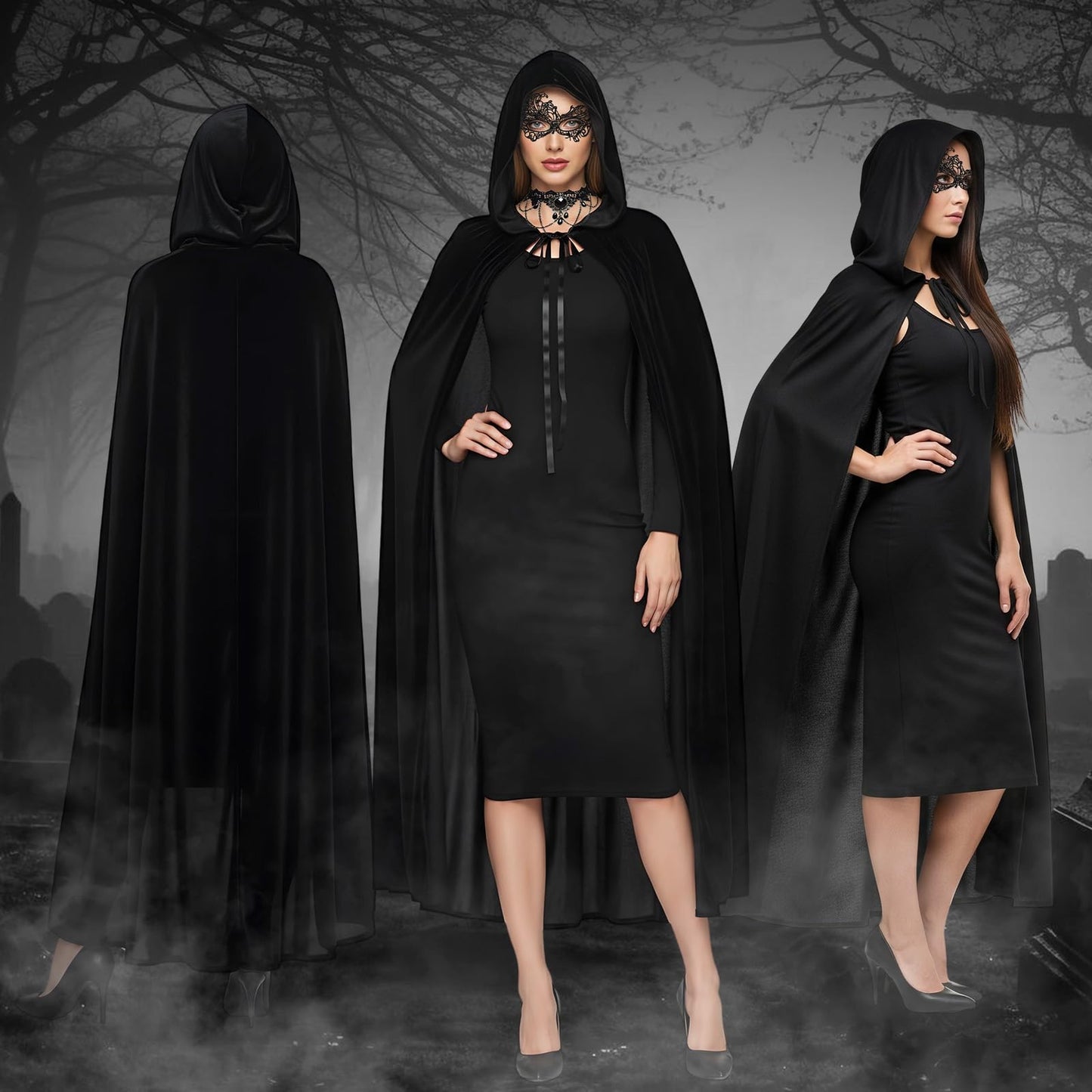 Disfraz de Bruja Halloween Mujer, Disfraz de Bruja Negro Capa con Capucha y Vestido Adulto, Capucha Máscara encaje y collar, Disfra Brujas Capa para Mujer Halloween Carnaval Cosplay Fiesta L