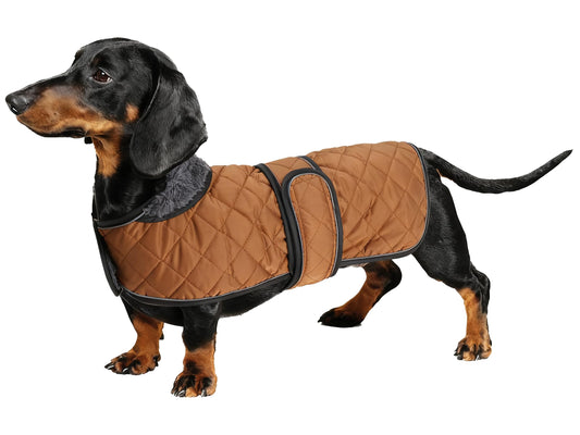 Geyecete Abrigo térmico de Invierno para Perro Salchicha,con Forro Polar cálido,Impermeable Ropa al Aire Libre con Bandas Ajustables e Agujero del arnés,para medianos/pequeña Perros - Marrón-M