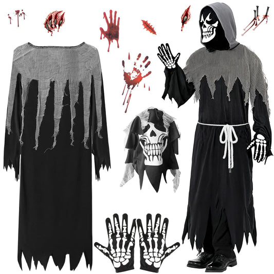 Disfraz Halloween De Adulto, Disfraces Costume Con Máscara De Calavera, Guantes, Disfraz Fantasma Adulto Con 30 Pegatinas Tatuaje Para Fiesta De Halloween y 165-185cm(XL)