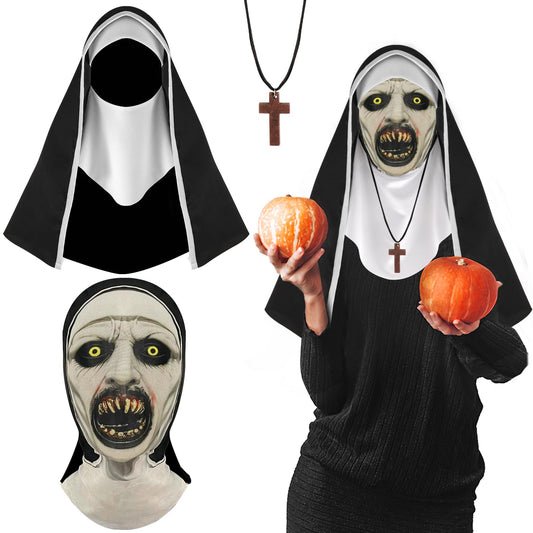 Disfraz 3Pcs Decoración de Fiestas de Halloween Máscara Horror Terror Colmillos Máscara de Monja Mask con Collar con Cruz Capa Malla Transpirable para Cosplay Disfraz Fiesta Carnaval