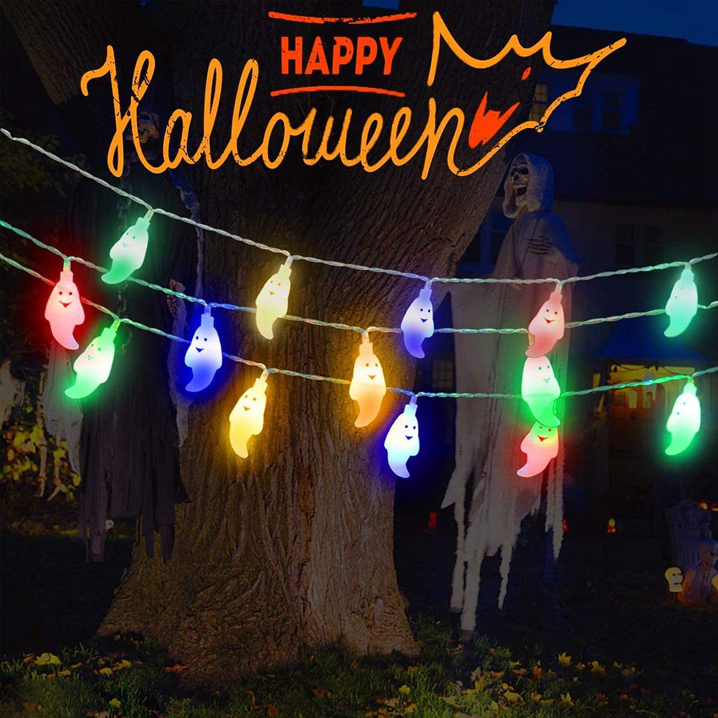 Cadena Luces Halloween, 3M 20 LEDs Luces de Decoración de Halloween,Fantasma Cadena de Luces a Batería,Fantasma String Light, Halloween led String Lights, lámpara de decoración de Halloween