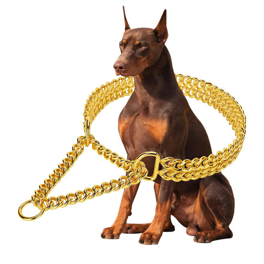 Collar de Perro de Acero Inoxidable de Oro de 18 Quilates, Ajustable, Collar de Perro de eslabones cubanos de Metal, a Prueba de masticación, Cadena de Doble Fila para Perros Grandes, pequeños y