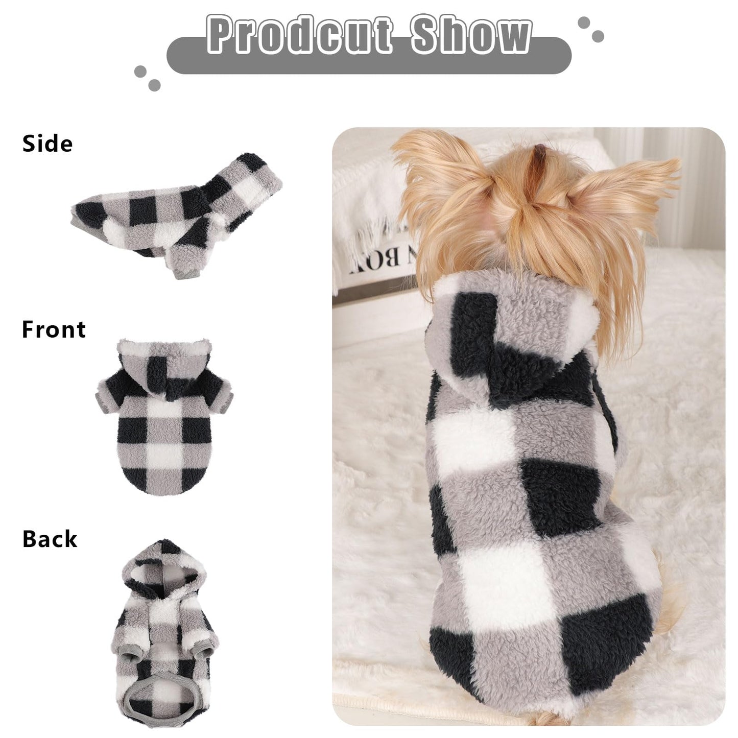Sudadera de Forro Polar con Capucha para Perros pequeños, suéter cálido de Invierno para Cachorros, Ropa para Chihuahua, Yorkie, Taza de té, Ropa para Gatos (Negro a Cuadros, Talla XXS)