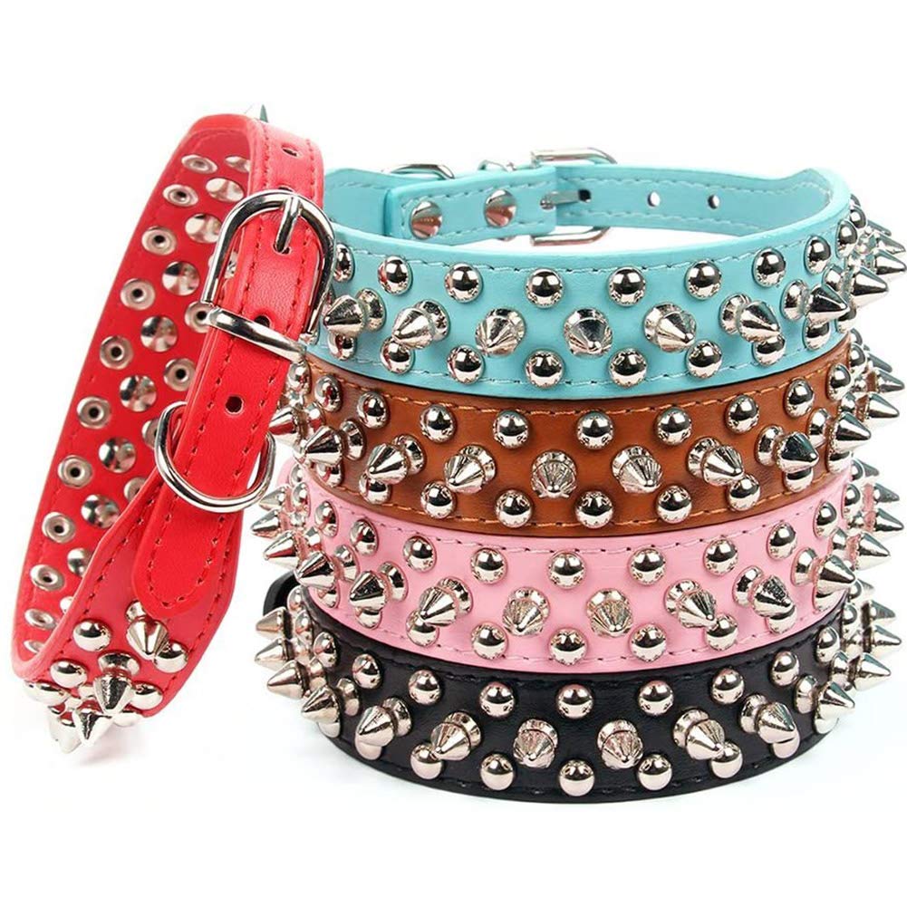 Collar de Cuero para Perro Con Pinchos y Tachuelas Ajustables (S, Azul)