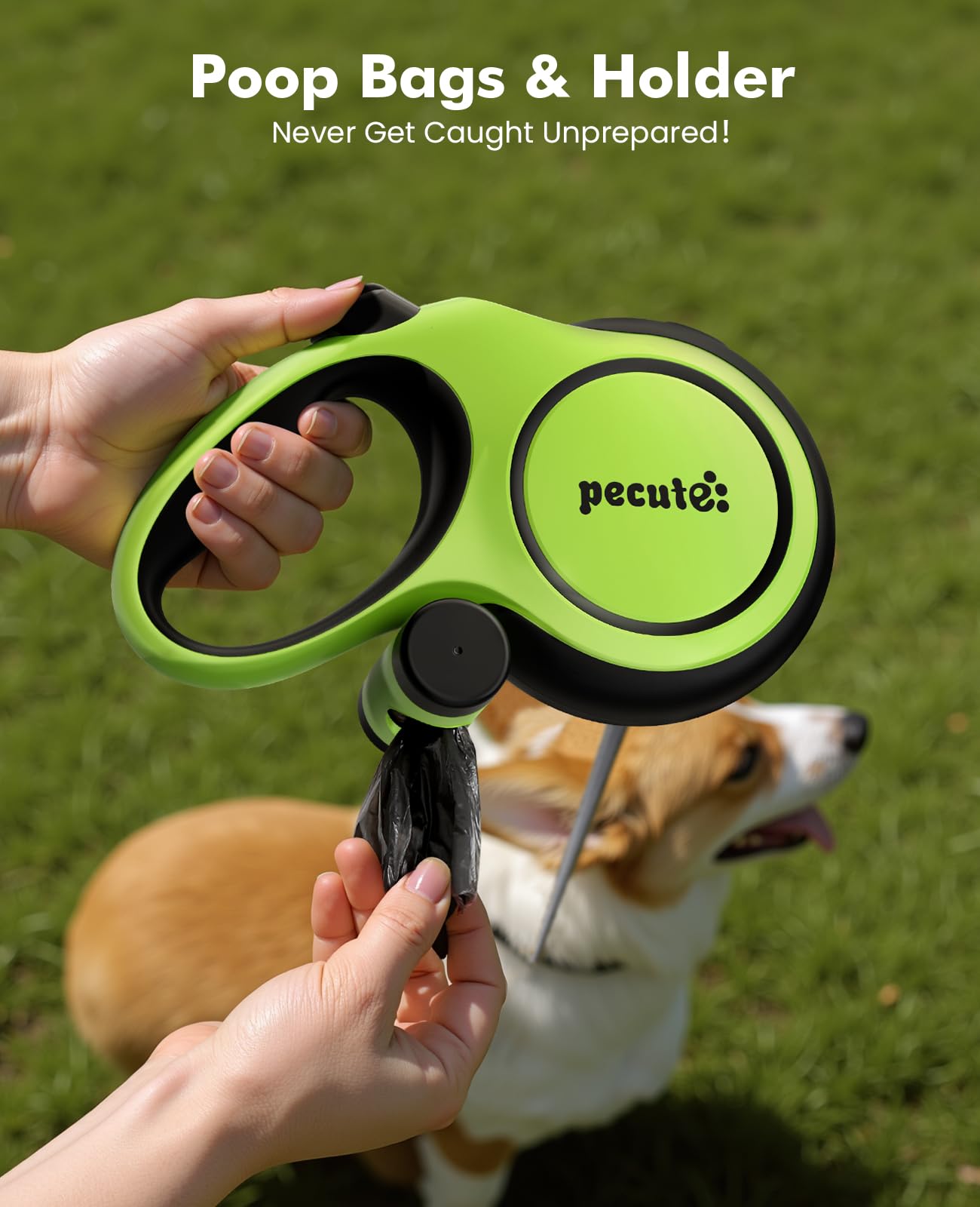 Correa Perro Extensible 8 Metros, Correa para 15-50 kg, con Cuerda Antimordida de 46cm, Bolsas Higiénicas y Portabolsa| 360° Antienredos| Paseo de Perros, Entrenamiento, días de Iluvia, Verde