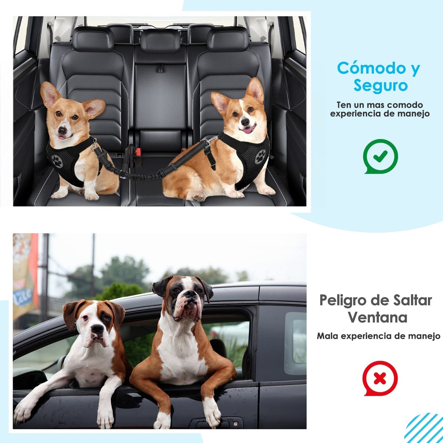 Cinturón de Seguridad Coche Perro, 2 Perros sin enredo Cinturón de Seguridad elástico Duradero para el Coche, Ajustable Reflectante Seguro Doble Perro Coche arnés Divisor para Viajar