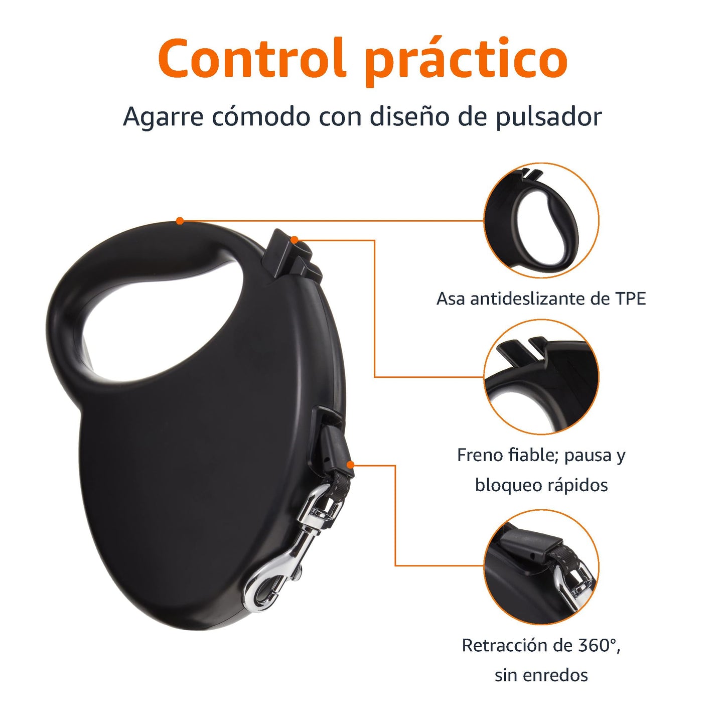 Correa retráctil para perro, longitud extensible de 7,5 m, grande (para perros de hasta 50 kg), color negro