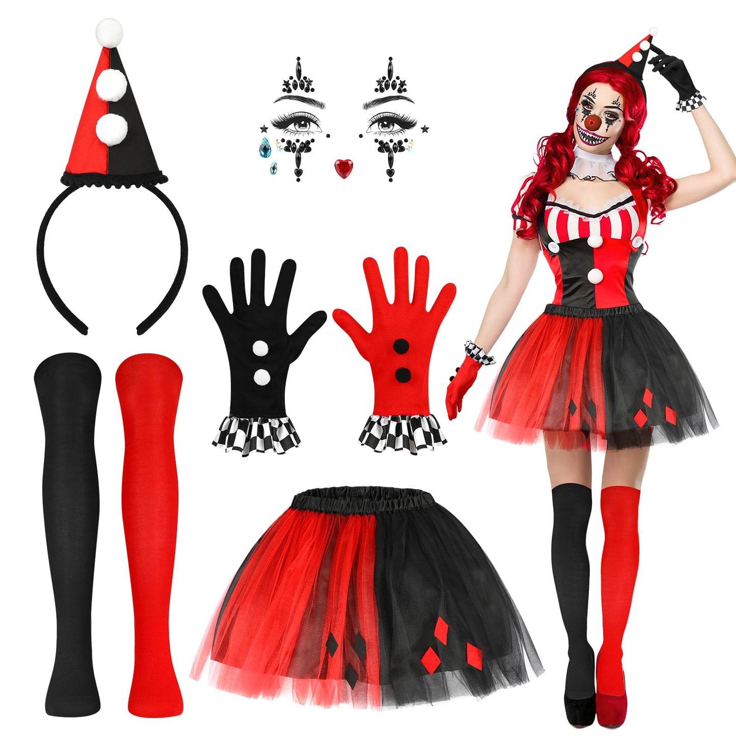Disfraz Payaso Mujer Halloween, 5 pcs Diadema Arlequin Gemas Faciales Guantes Calcetines Altos Falda Tutú, Clown Costume Disfraz Arlequin Mujer Disfraces Halloween Carnaval Carnaval Fiesta de Cosplay