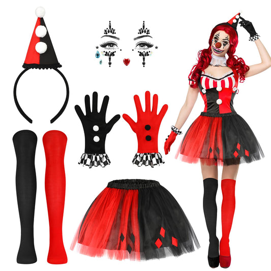 Disfraz Payaso Mujer Halloween, 5 pcs Diadema Arlequin Gemas Faciales Guantes Calcetines Altos Falda Tutú, Clown Costume Disfraz Arlequin Mujer Disfraces Halloween Carnaval Carnaval Fiesta de Cosplay