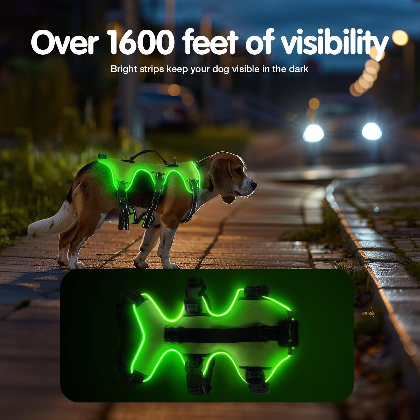 Arnés Recargable para Perro Iluminado, Arnés de 3 Puntos para Perros Medianos y Grandes, Recargable con 4 Correas Ajustables, 3 Modos, Impermeable para Caminar por la Noche, Lluvia, Verde-L
