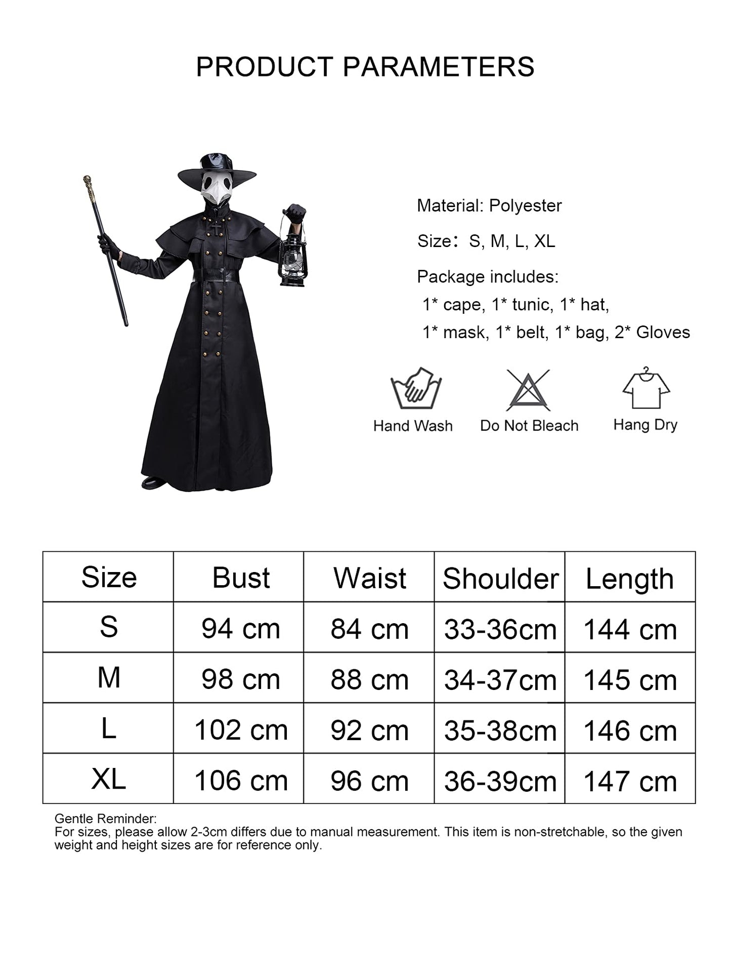 Disfraz medieval steampunk de médico de la peste negra para hombre, disfraz de médico para Halloween con juego de accesorios, color negro, talla S