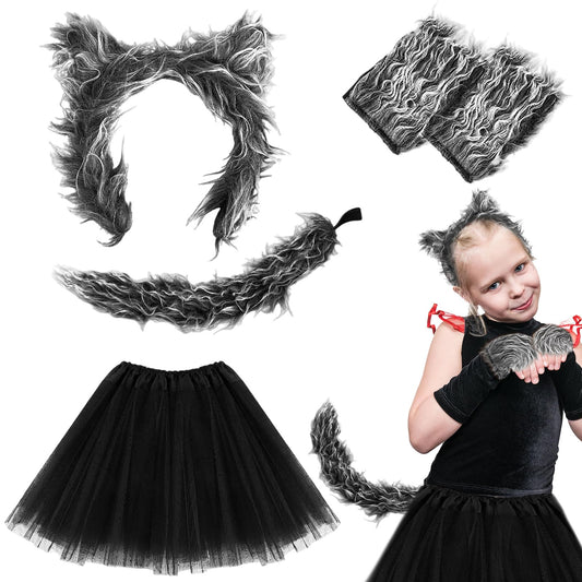 UILYNIU 5 Piezas Accessori Costume da Lupo Bambino Orecchie da Lupo Coda di Lupo Falda Tutú Guantes Grigio Lupo Costume Peloso Lupo Cosplay Costume Animale per Cosplay Halloween Festa (5 Piezas)