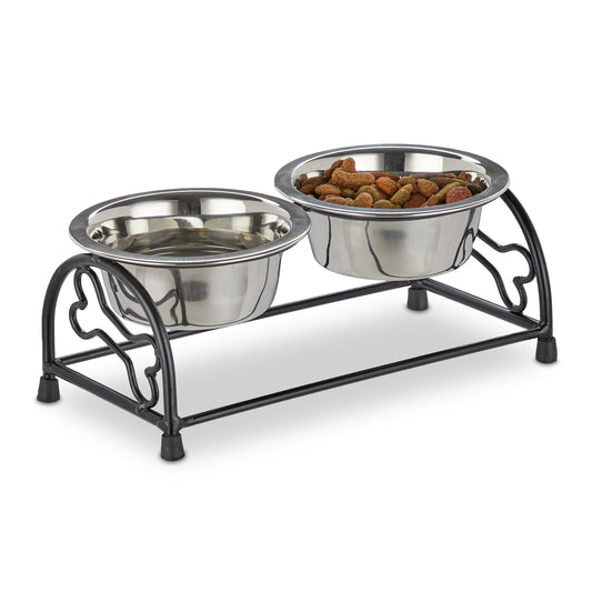 Relaxdays Set Comederos Perro con Soporte Elevado, Bebedero Mascota, 2 Cuencos Cachorro, Acero 300ml, Negro/Plateado