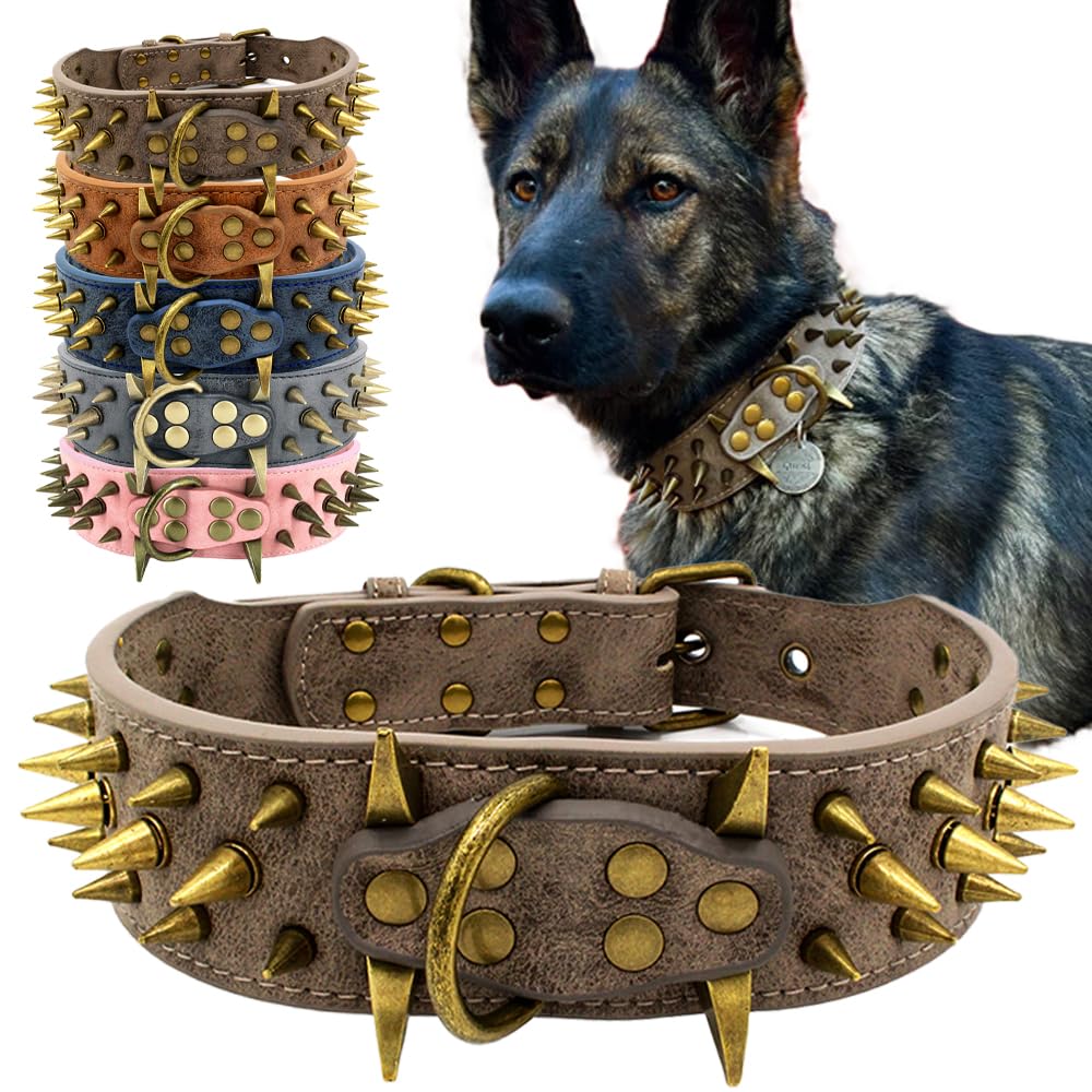 The Mighty Collar para perros, grande, con púas, protege el cuello de mordiscos, duradero y elegante, para perros grandes, gris, talla L