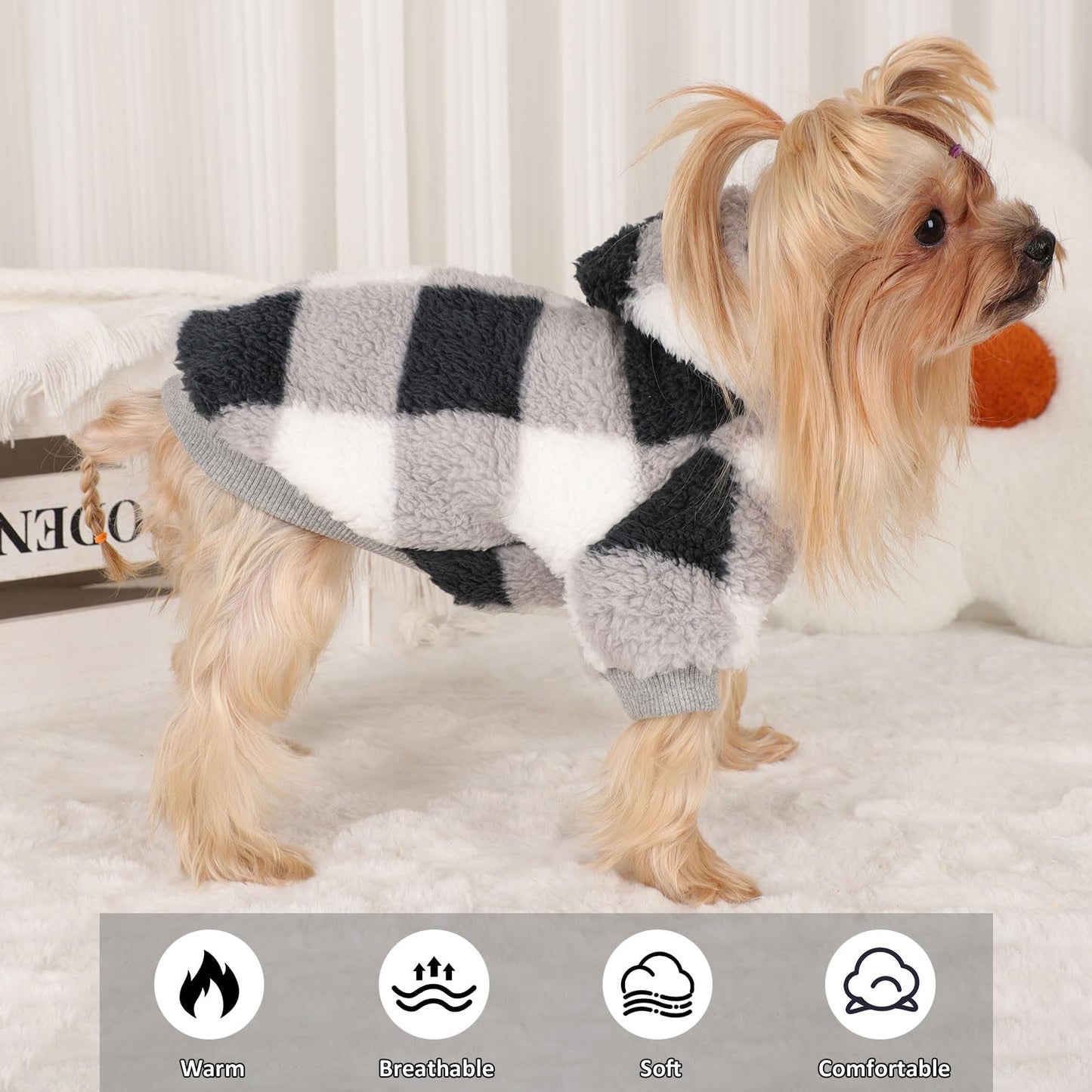 Sudadera de Forro Polar con Capucha para Perros pequeños, suéter cálido de Invierno para Cachorros, Ropa para Chihuahua, Yorkie, Taza de té, Ropa para Gatos (Negro a Cuadros, Talla XXS)