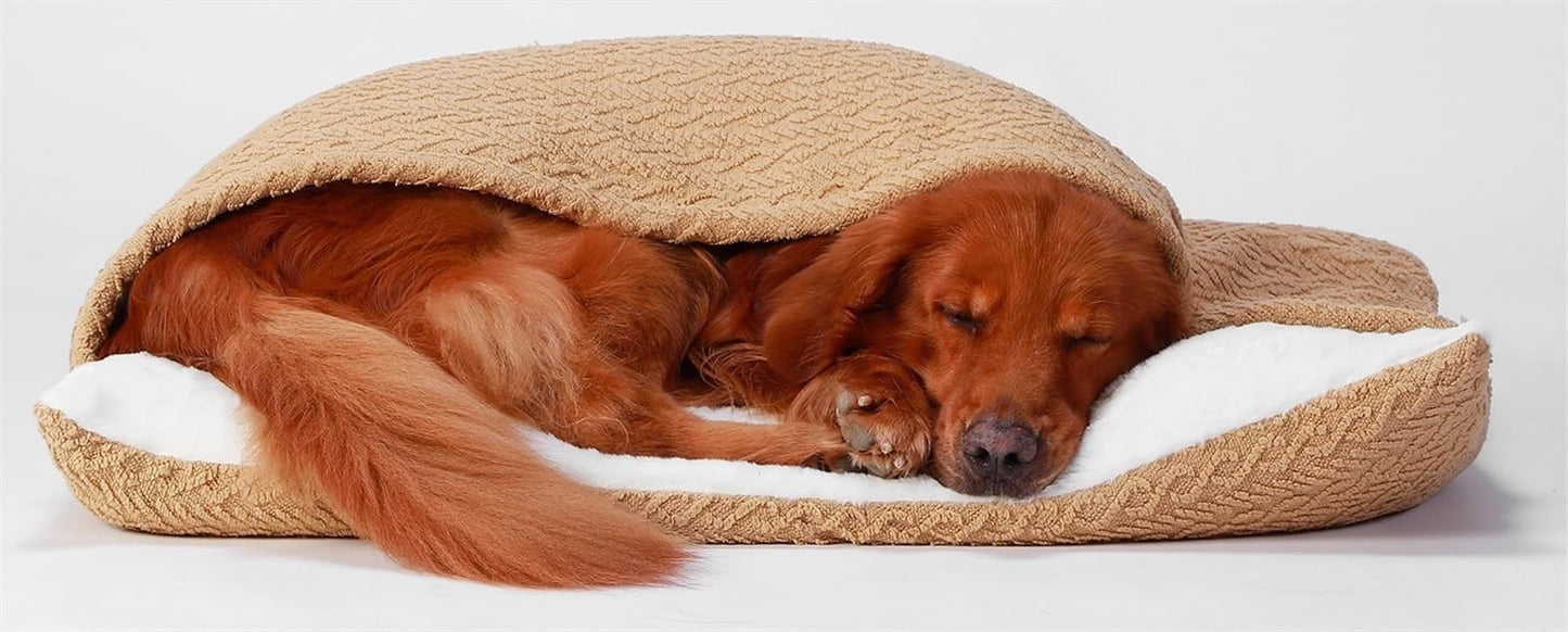 Cama Perro con Manta, Cama Ortopédica Perro/Gato con Capucha Manta, Sacos de Dormir del Perro Extraíble para Mascotas Pequeñas y Medianas, Lavable(Beige,50 * 40 * 18 cm)