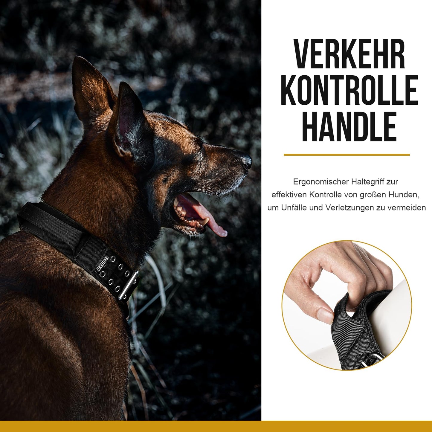 Collar de perro de 5 cm de ancho con asa y parche para perros grandes, negro, L