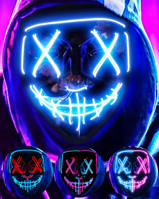 DWTECH – Máscara de miedo de alambre con luz LED, para mascarada Cosplay, máscara facial para niños, hombres, mujeres, fiesta de Halloween (Azul)