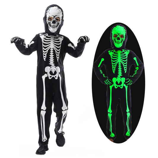Disfraz de Esqueleto para Niños que Brilla en la Oscuridad Niño Niña Halloween Terrorífico Body con Capucha de Esqueleto Guantes,3/5 Años