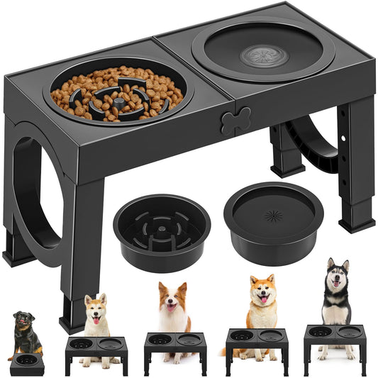 X XBEN 3-in-1 Comedero Perro Elevado de 5 Alturas Ajustables, 1,4L Bebedero Perro Antigoteo, 1L Comedero Antivoracidad,Comederos Elevados para Medianos y Grandes,Plegable y Antideslizante