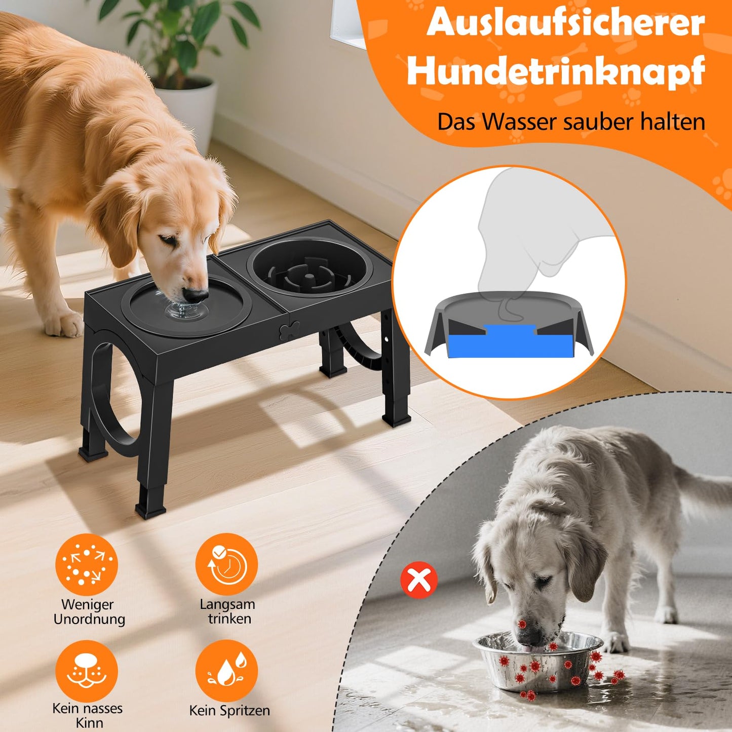X XBEN 3-in-1 Comedero Perro Elevado de 5 Alturas Ajustables, 1,4L Bebedero Perro Antigoteo, 1L Comedero Antivoracidad,Comederos Elevados para Medianos y Grandes,Plegable y Antideslizante