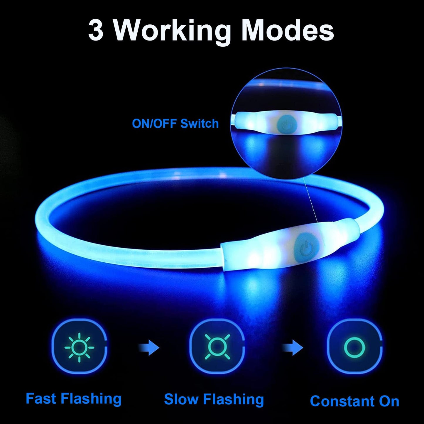 Collar LED Luminoso Perro, Collar de Perro de Seguridad Personalizado con USB Recargable, Ajustable Recargable 3 Modos, Collares LED para Perros Pequeños/Medianos/Grandes?Azul?