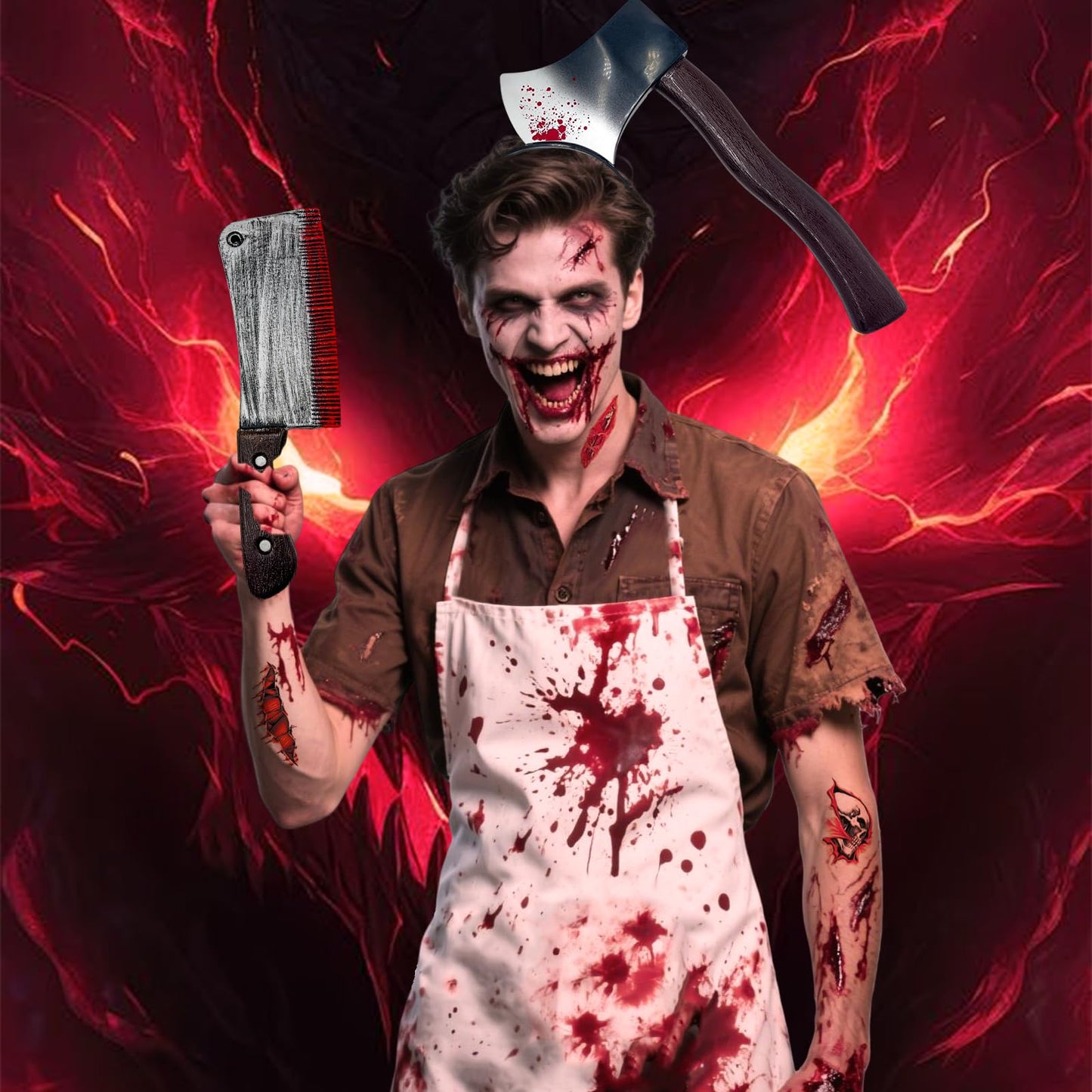 Disfraz de Carnicero de Halloween, Terror Carnicero Disfraces con Delantal Sangriento, Tocado de Hacha Sangriento, Machete, 30 Tattoo Scars Zombie para fiestas de terror de Halloween
